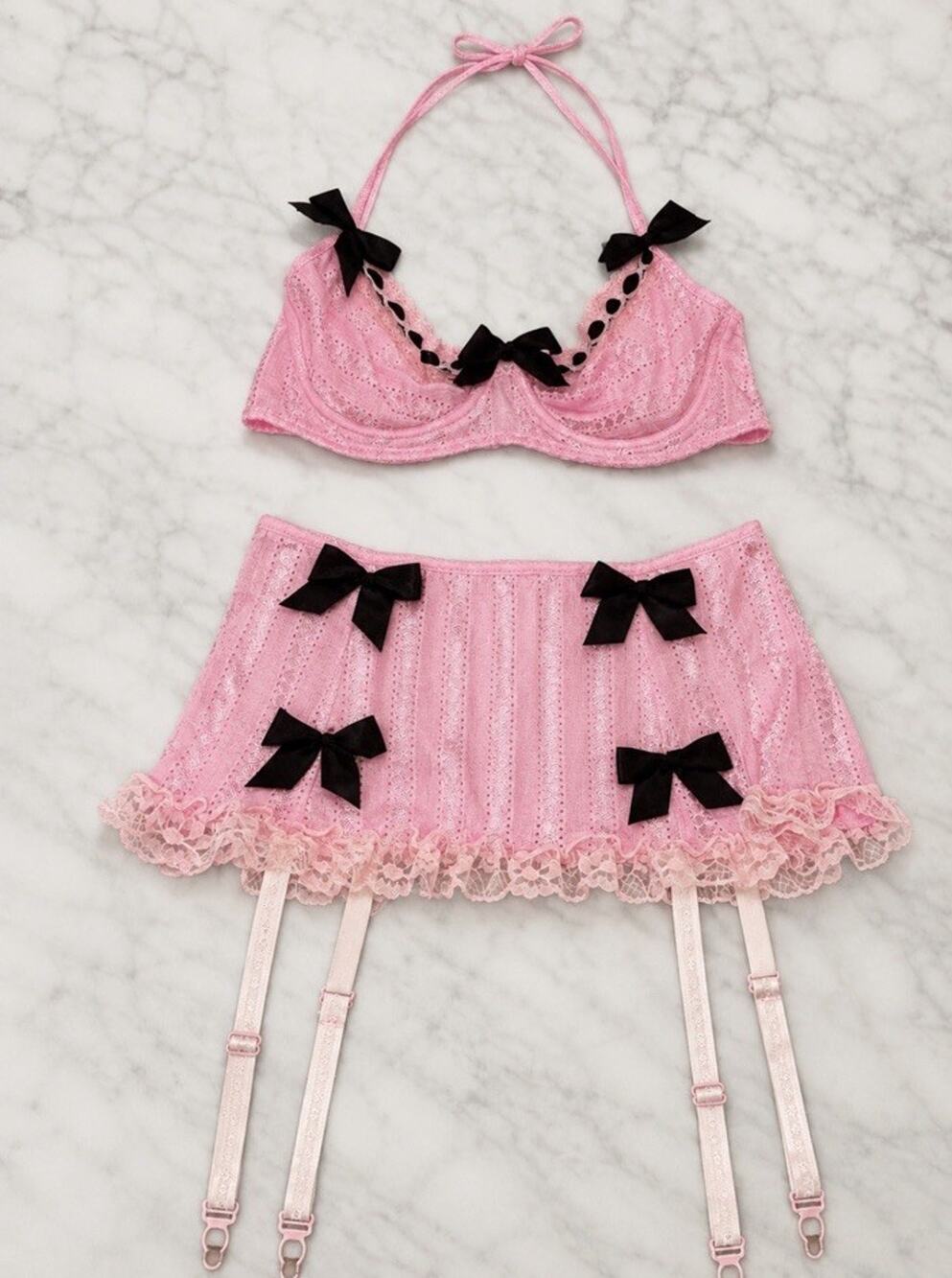 Pink Lace Lingerie Set Small Bra Garter Skirt Black Bows Adorable Exotic Dancer